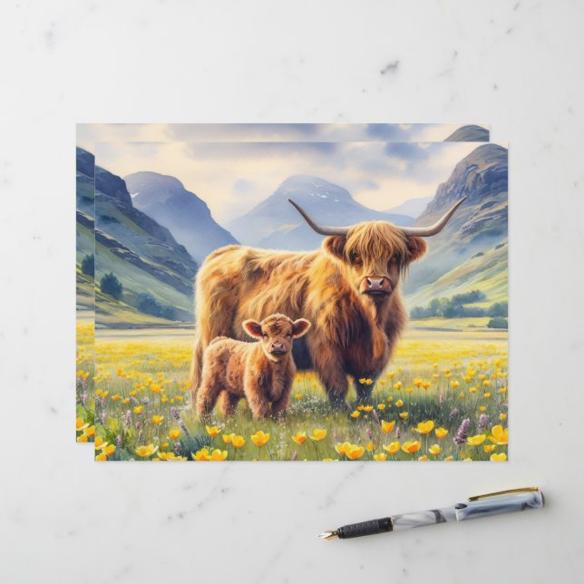 Highland Cow and Calf Buttercups Scrapbook Paper (Front/Back In Situ)