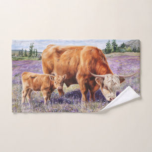 Highland Cow and Calf Purple Wildflowers Hand Towel