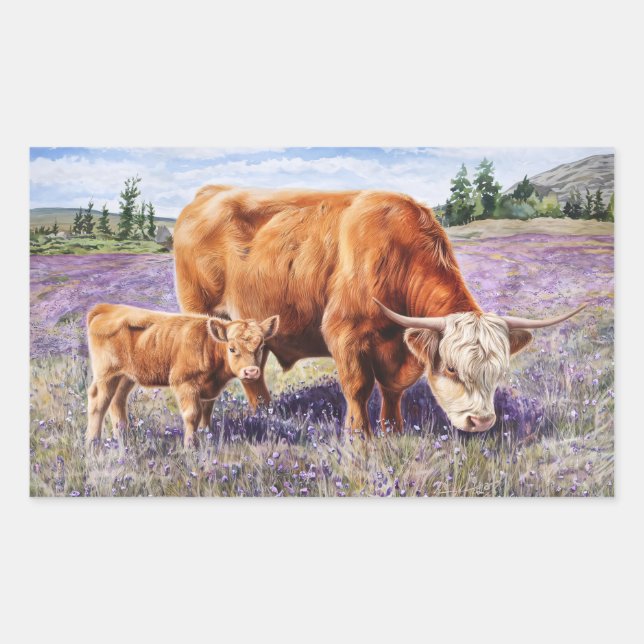 Highland Cow and Calf Purple Wildflowers Rectangular Sticker (Front)