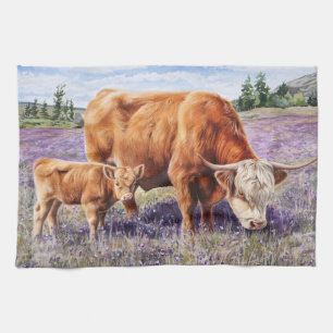 Highland Cow and Calf Purple Wildflowers Tea Towel