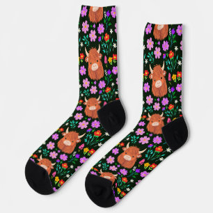 Highland Cow and Colourful Pink Flowers Black Sock