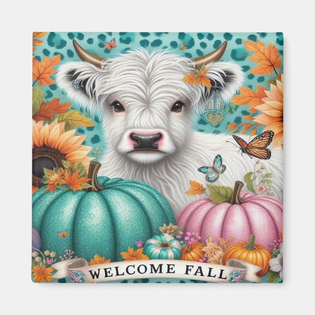 Highland Cow and Colourful Pumpkins and Sunflowers Magnet (Front)