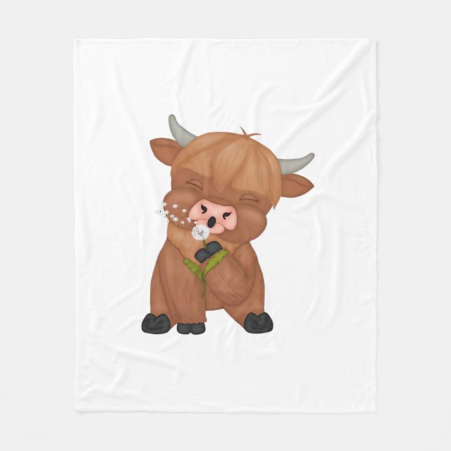 Highland Cow and Dandelion Puff Classic T-Shirt Fleece Blanket (Front)