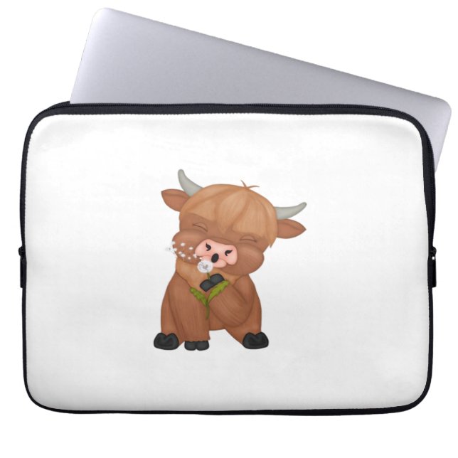 Highland Cow and Dandelion Puff Classic T-Shirt Laptop Sleeve (Front)