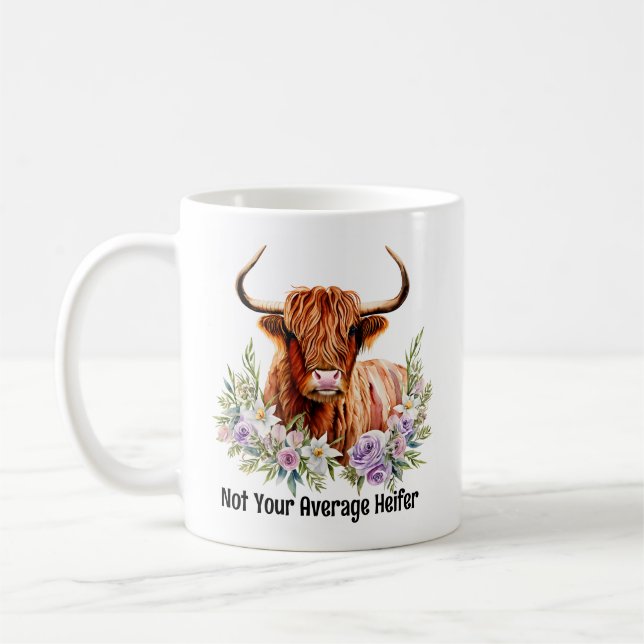 Highland Cow and Flowers Funny Heifer Watercolor Coffee Mug (Left)