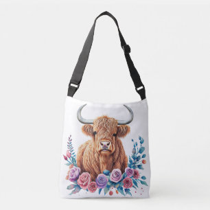 Highland Cow and Flowers Watercolor Crossbody Bag
