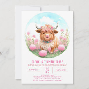 Highland Cow and Pampas Girl Birthday Invitation