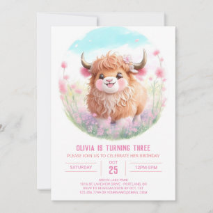 Highland Cow and Pink Blooms Birthday Invitation