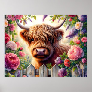 Highland Cow and Pink Roses Poster