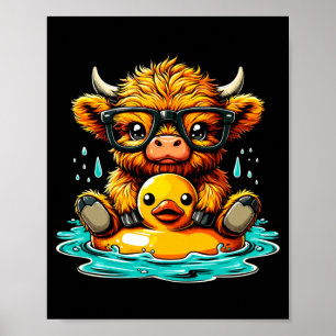Highland Cow And Rubber Duck Swimming Summer Poster