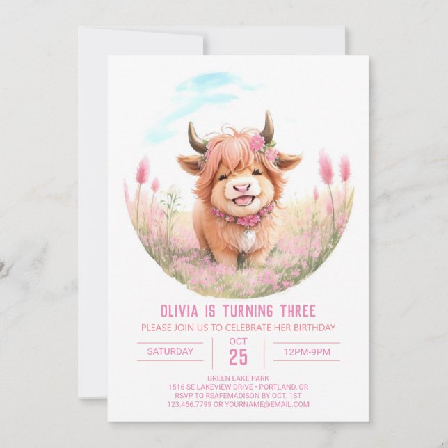 Highland Cow and Wildflower Birthday Invitation (Front)