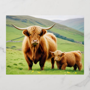 Highland Cow Animal Nature Wildlife Affection Love Foil Holiday Postcard