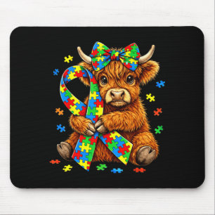 Highland Cow Autism Awareness Puzzle Coquette Bow Mouse Mat