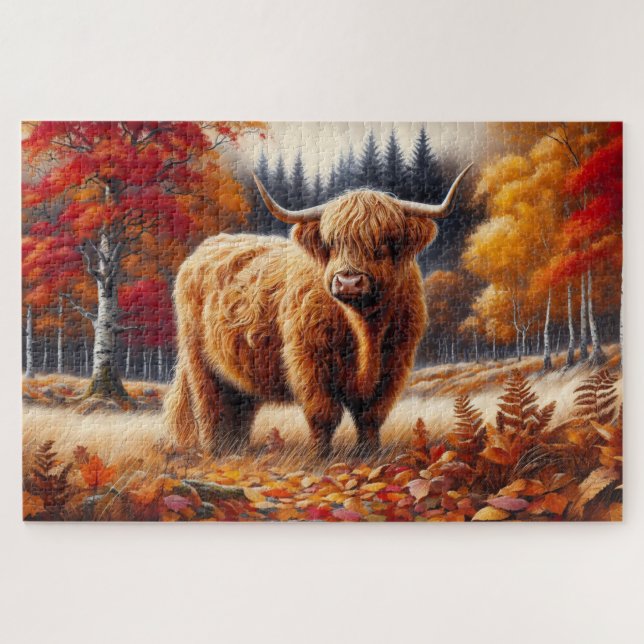 Highland Cow Autumn Watercolor Jigsaw Puzzle (Horizontal)