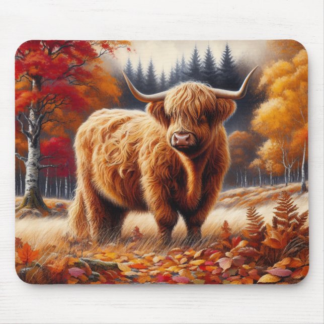 Highland Cow Autumn Watercolor Mouse Mat (Front)