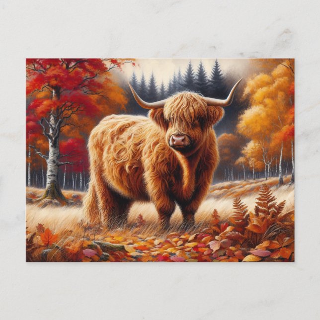 Highland Cow Autumn Watercolor Postcard (Front)