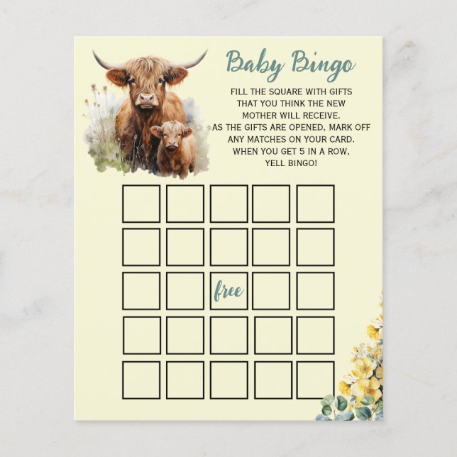 Highland Cow Baby Bingo Game Enclosure Card (Front)
