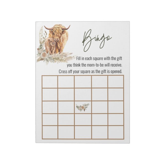 Highland Cow Baby Shower Bingo Game Boho Notepad (Rotated)