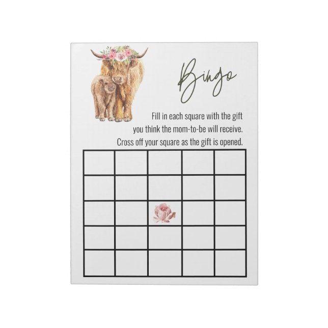  Highland Cow Baby Shower Bingo Game  Notepad (Rotated)