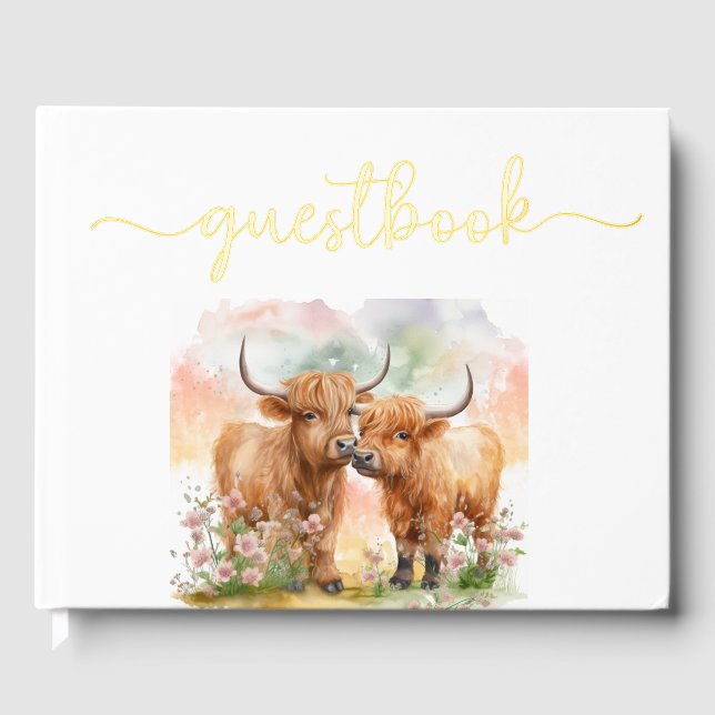 Highland cow Baby shower, birthday guest book (Front)