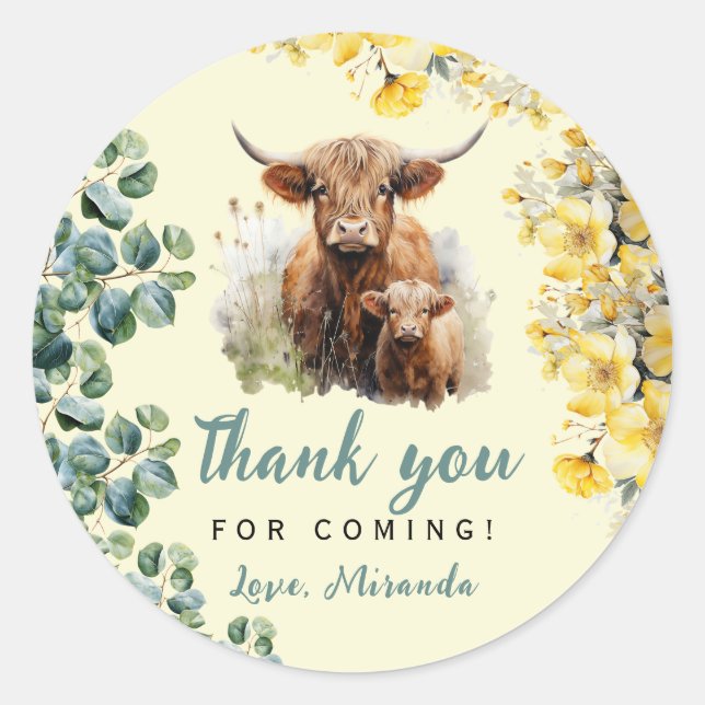 Highland Cow Baby Shower Classic Round Sticker (Front)