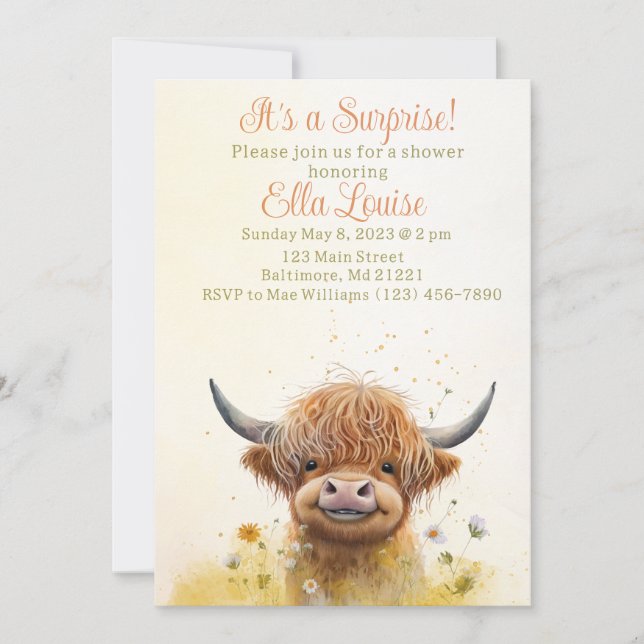 Highland cow baby shower invitation  (Front)