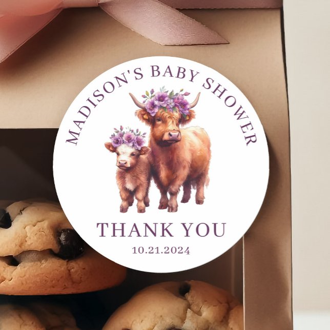 Highland Cow Baby Shower Thank You Classic Round Sticker (Creator Uploaded)
