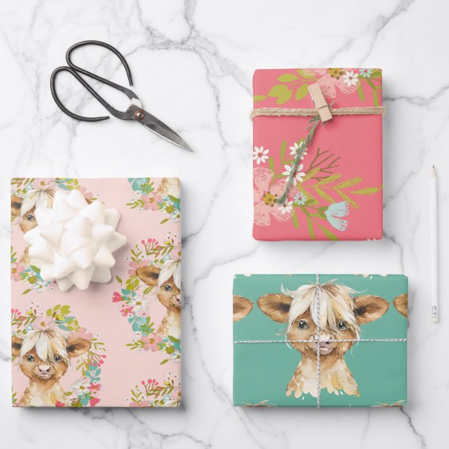 Highland Cow Baby Shower Wreath Wrapping Paper Sheet (Front)