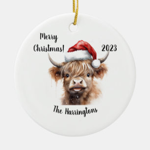 Highland Cow Baby with Santa Hat Christmas Ceramic Tree Decoration