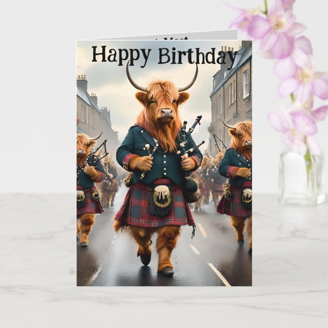 Highland Cow Bagpipe Band, Birthday Card (Orchid)