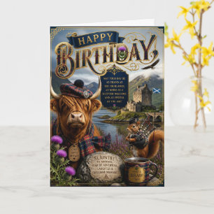 Highland Cow Bagpiper Squirrel Birthday Card
