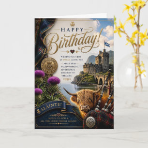 Highland Cow Bagpipes Castle Birthday Card