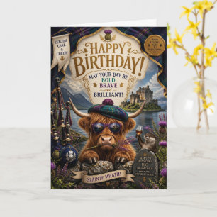 Highland Cow Bagpipes Whisky Birthday Card