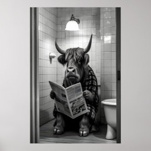 Highland Cow Bathroom Print, Funny Animal Reading Poster