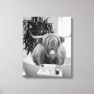 Highland cow Bathtub Black White Bathroom  Canvas Print