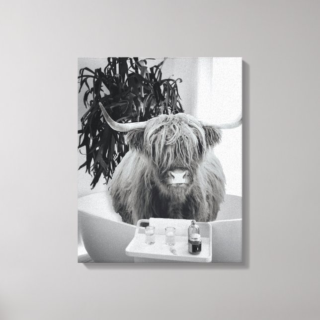 Highland cow Bathtub Black White Bathroom  Canvas Print (Front)