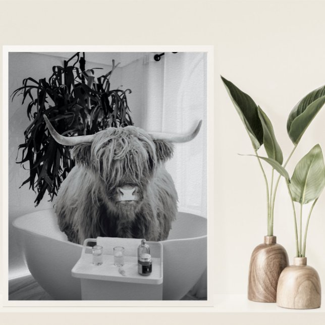 Highland cow Bathtub Black White Bathroom  Poster (Creator Uploaded)