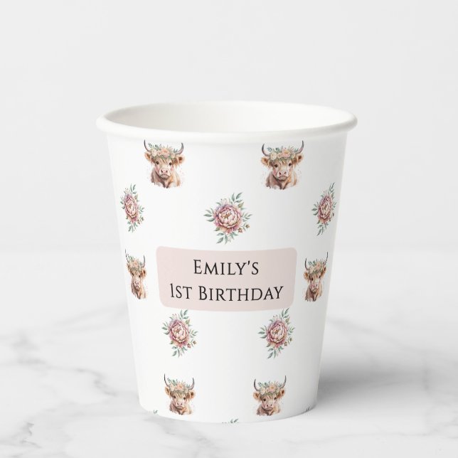 Highland Cow Birthday Girl Boho Farm Party Paper Cups (Front)