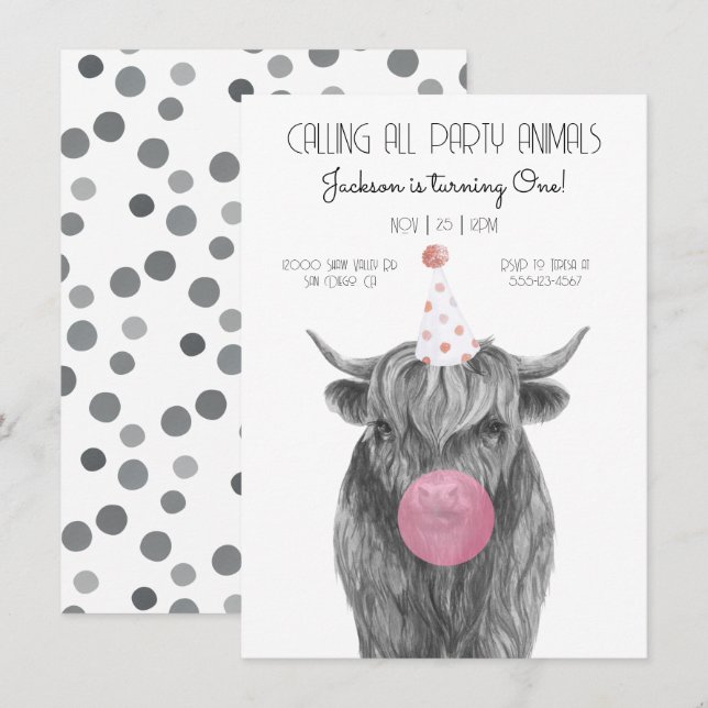 Highland Cow black and white Birthday Party Invitation (Front/Back)