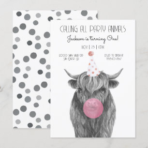 Highland Cow black and white Birthday Party Invitation