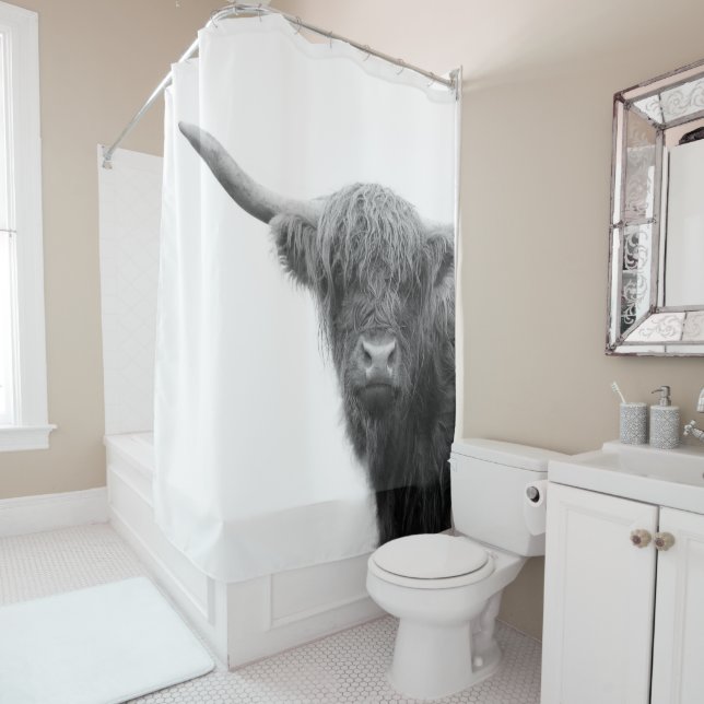 Highland Cow Black & White #4 Shower Curtain (In Situ)