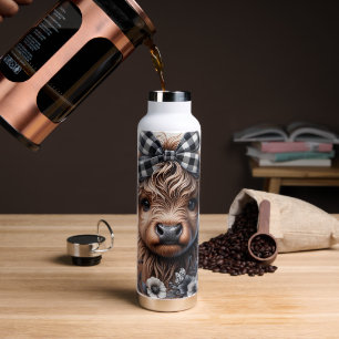 Highland Cow Black White Plaid Floral Rustic Water Bottle