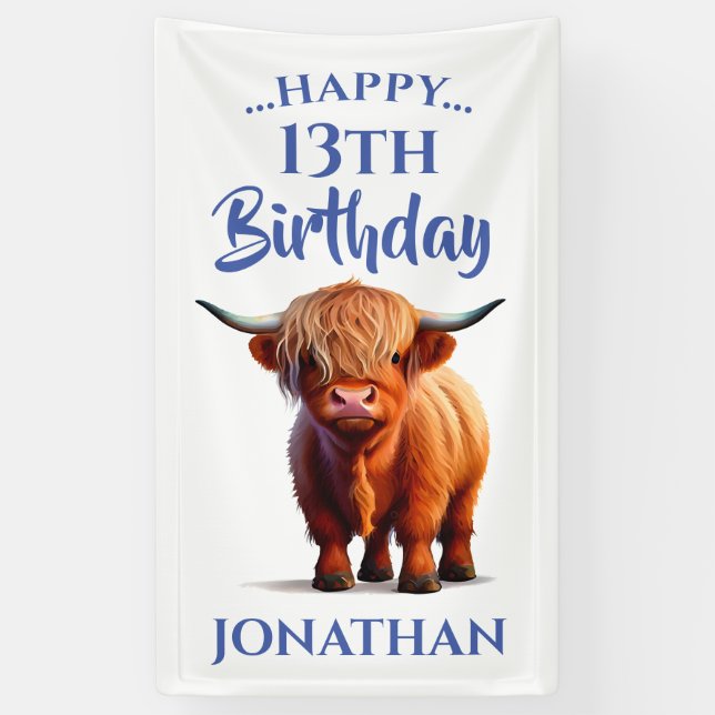 Highland Cow Blue Happy Birthday Banner (Vertical)