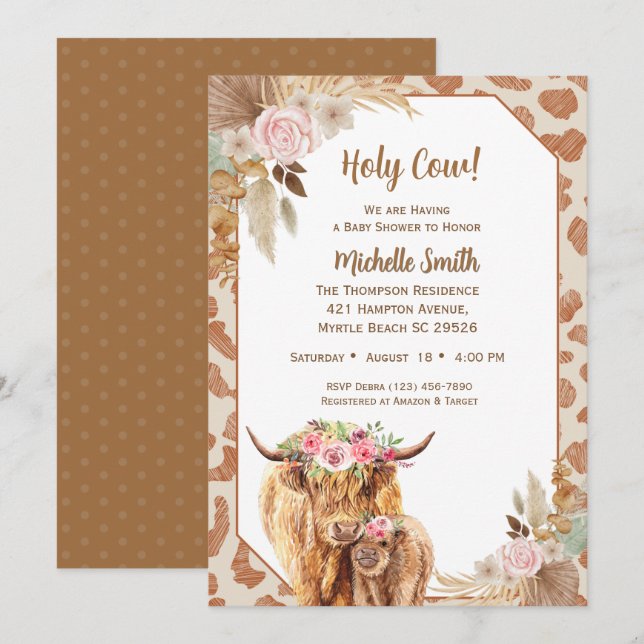 Highland Cow Boho Floral Brown Baby Shower  Invitation (Front/Back)