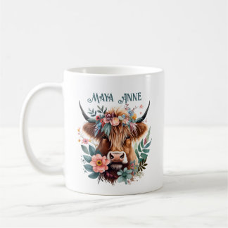 Highland Cow Boho Floral Watercolor Coffee Mug