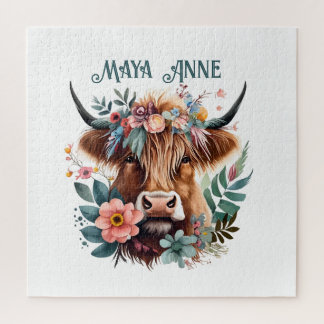 Highland Cow Boho Floral Watercolor Jigsaw Puzzle