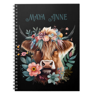 Highland Cow Boho Floral Watercolor Notebook