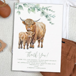 Highland Cow Boho Greenery Baby Shower Thank You Card
