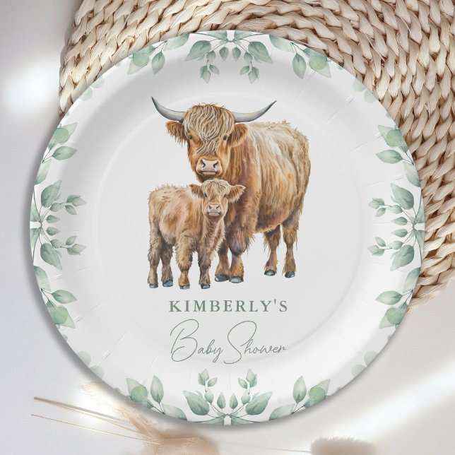 Highland Cow Boho Greenery Farm Animal Baby Shower Paper Plate (Creator Uploaded)