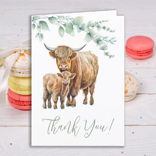 Highland Cow Boho Greenery Farm Animal Baby Shower Thank You Card
